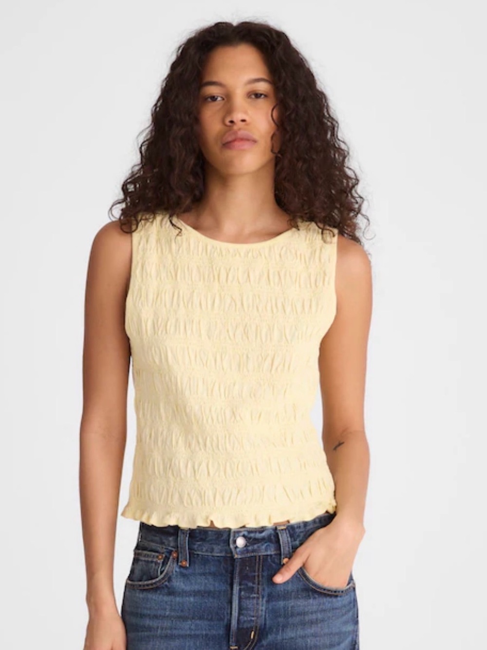 Madewell Smocked Boatneck Tank | Butter Yellow | Size Large | Cotton-Linen